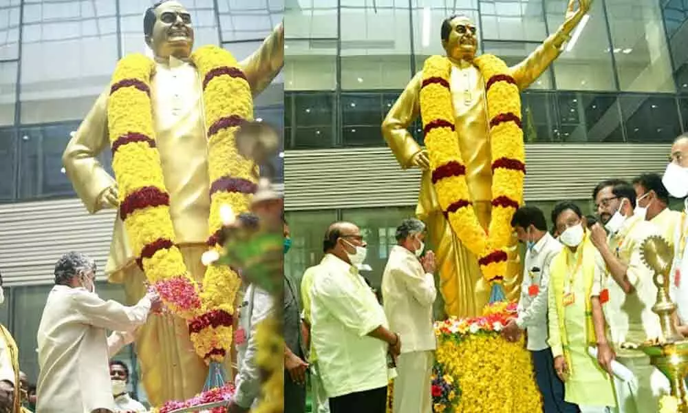 Chandrababu Naidu paid rich tributes to party founder NT Rama Rao on the occasion of his birth anniversary