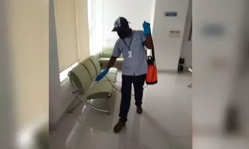 A worker spraying disinfectant at the fourth block in the Secretariat at Velagapudi  on Saturday