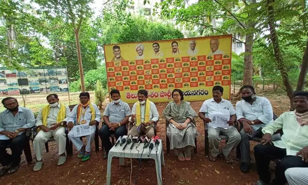 TDP leaders B Cbirajeevulu and P Aditi Gajapathi speaking to media at Vizianagaram on Saturday