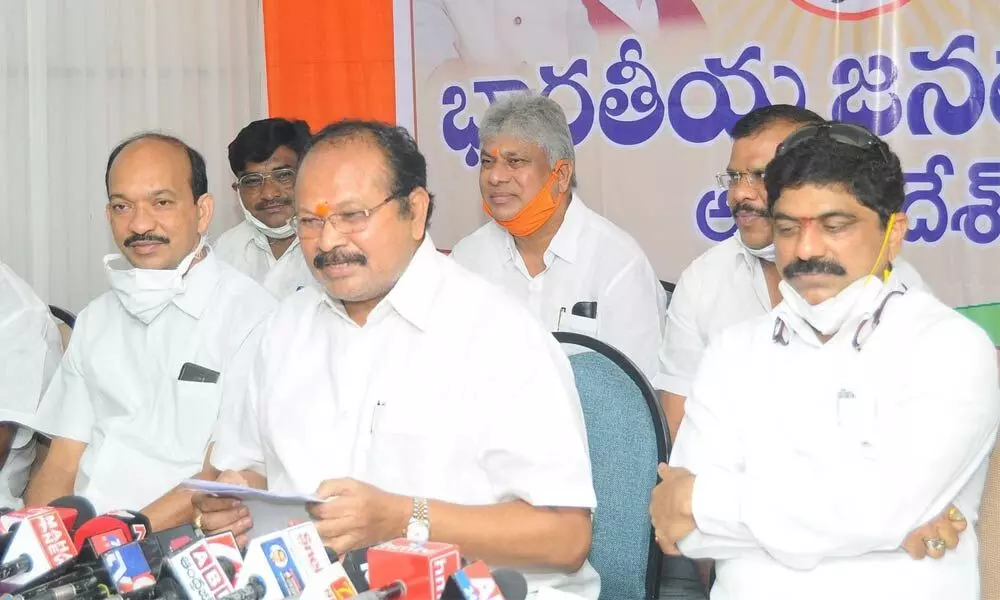 BJP State president Kanna Lakshminarayana addressing the media in Vijayawada on Monday