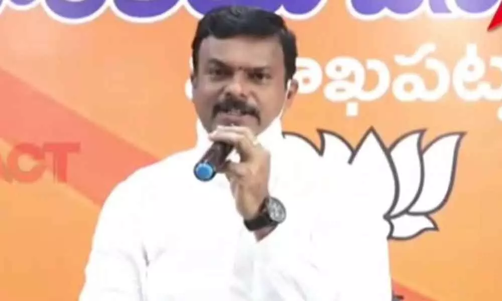 BJP MLC P V N Madhav speaking at a media conference in Visakhapatnam on Tuesday