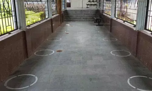 Circle-marking at Simhachalam temple queue line to maintain social distancing at the temple in Visakhapatnam