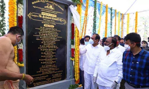 MLA Bhumana Karunakar Reddy, MP  B Durga Prasad and others during foundation laying ceremony of Vinayaksagar in Tirupati on Thursday