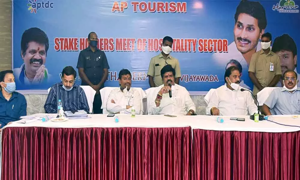 Tourism Minister Avanti Srinivas interacting with stakeholders of hospitality sector at the Berm Park in Vijayawada on Thursday (below) Stakeholders participating in meeting