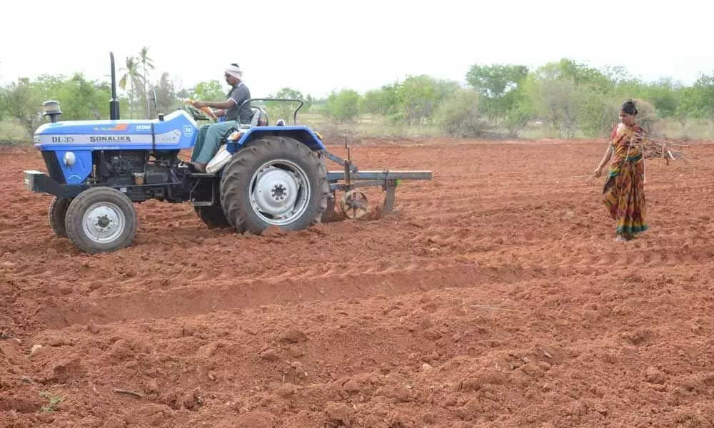 A farmer along with his wife ploughing his land for monsoon cultivation in Kanchanapally village of Nalgonda mandal