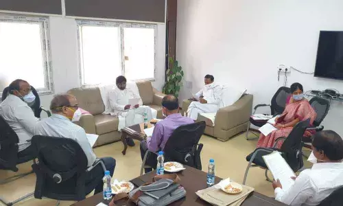 Ministers Jagadish Reddy and Eatala Rajender reviewing the issues of Nalgonda and Suraypet medical colleges in Hyderabad on Monday