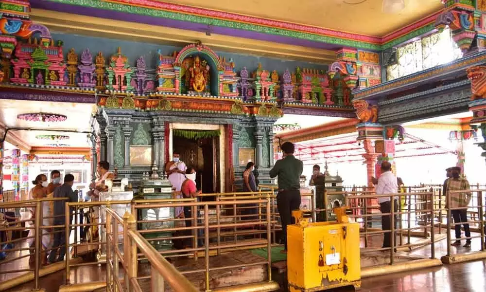 The Peddamma Temple at Jubilee Hills opened to a few on Monday. Photo: N Shiva Kumar Meru