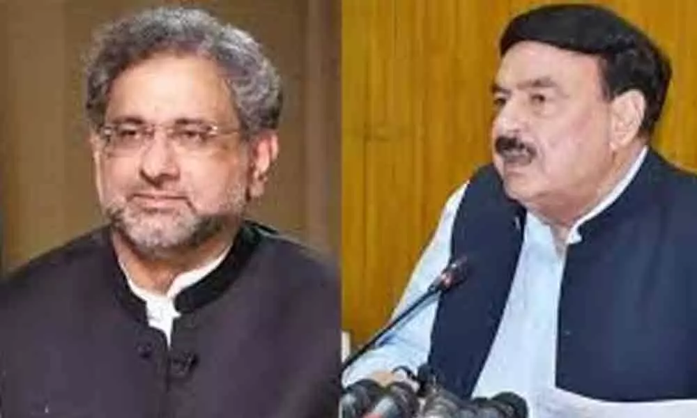 Pakistans former prime minister Shahid Khaqan Abbasi and incumbent Railways Minister Sheikh Rashid Ahmad