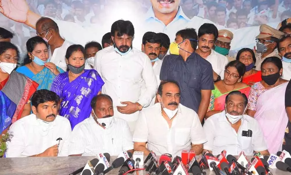 Minister for energy, forests, environment, science and technology Balineni Srinivasa Reddy speaking to media at YSRCP district office in Ongole on Monday