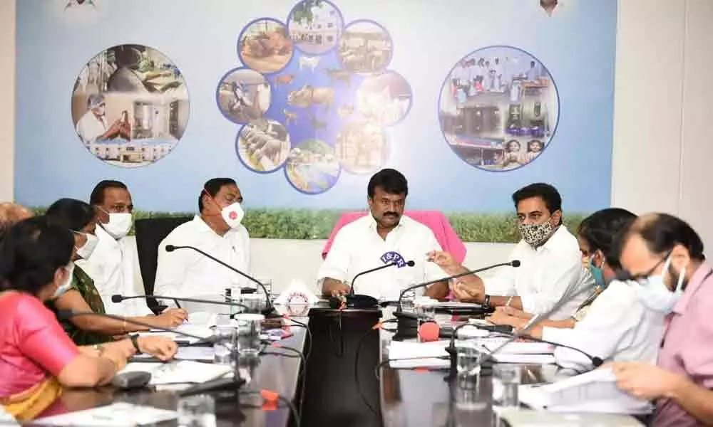 Industries Minister KT Rama Rao holding  a review meeting the Animal Husbandry Minister T Srinivas Yadav, Panchayat Raj Minister E Dayakar Rao and Labour Minister Ch Malla Reddy in Hyderabad on Tuesday