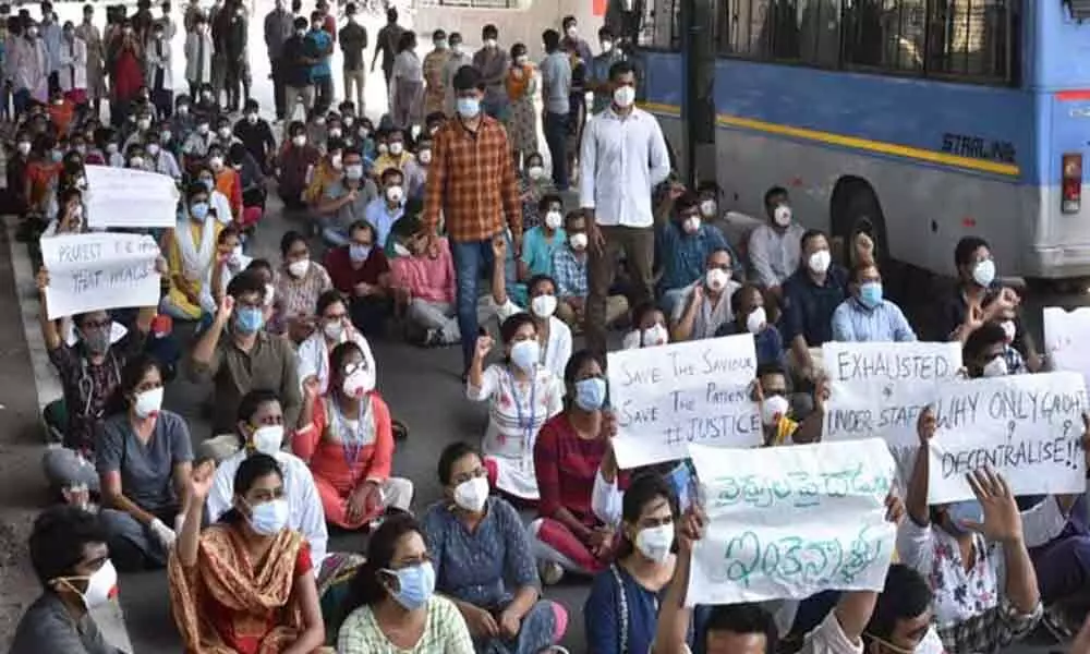 Junior doctors continue to protest at Gandhi Hospital in Hyderabad