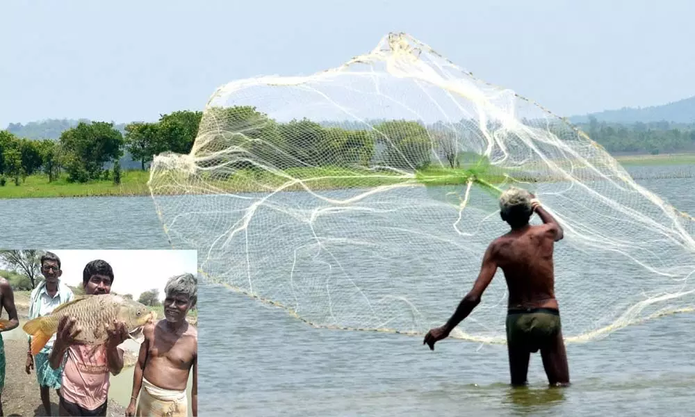 A fisherman casts net wide to catch fish in Pakhal Lake in Warangal rural district on Thursday 	Photo: Gokarpu Shyam Kumar