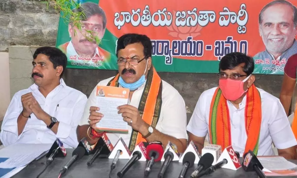 BJP Core Committee member P Sudhakar Reddy speaking to the media in Khammam on Thursday