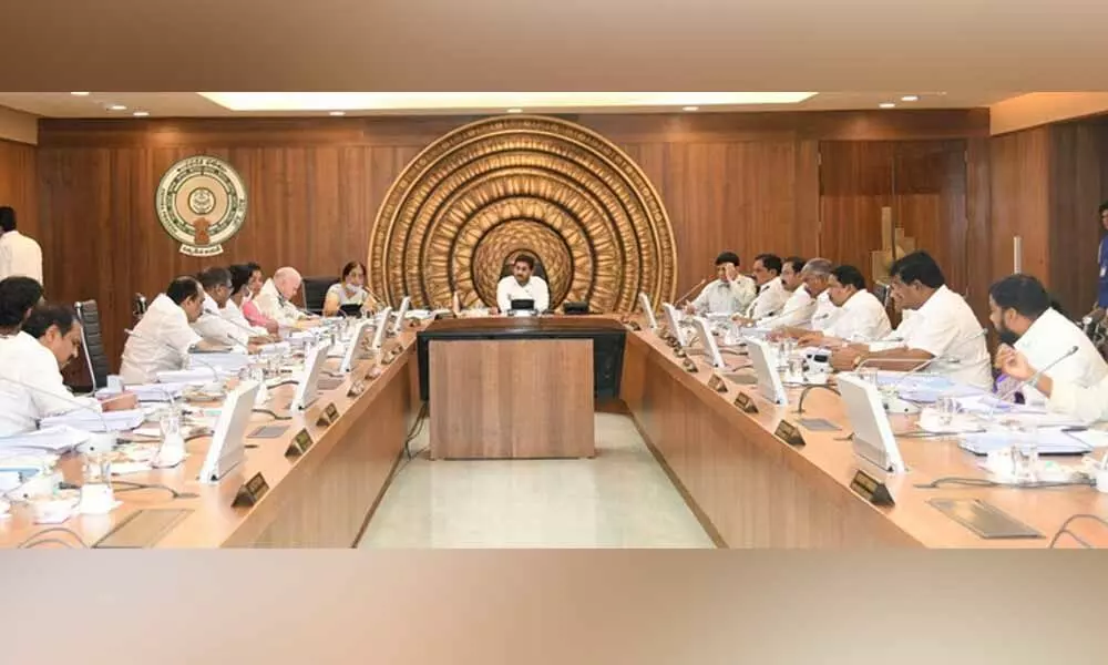 Chief Minister Y S Jagan Mohan Reddy taking part in the Cabinet meeting at the Secretariat on Thursday