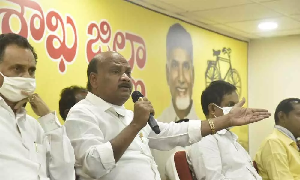 Former minister Ch Ayyanna Patrudu speaking to media at TDP office in Visakhapatnam on Friday