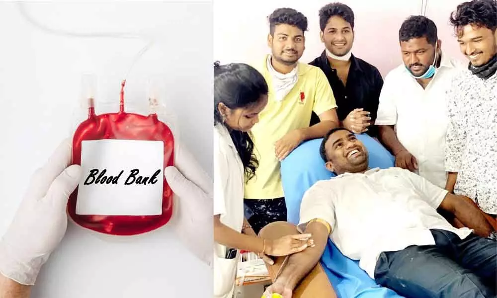 File photo of  Jagarapu Srinu, a donor and founder-president of Mahatma-Mother Teresa Charitable Trust, while donating blood at a camp in Visakhapatnam