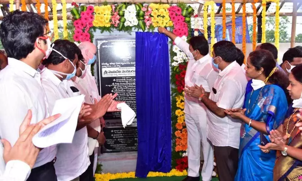 Minister Mopidevi Venkata Ramana Rao laying foundation stone for the new office building of Joint Director of Fisheries in Kakinada on Friday