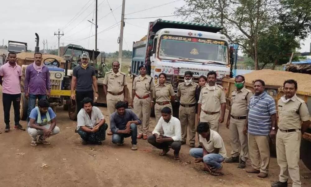 The police producing the arrested persons and seized vehicles in Eluru on Friday