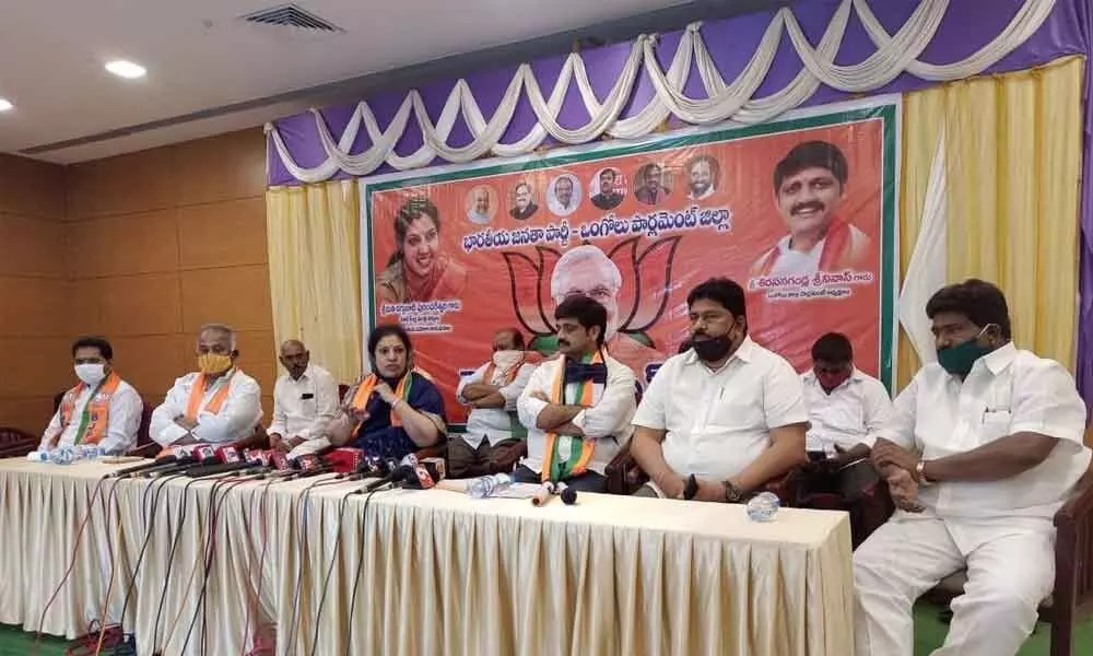 BJP Mahila Morcha president Daggubati Purandeswari speaking in a press meet in Ongole on Friday