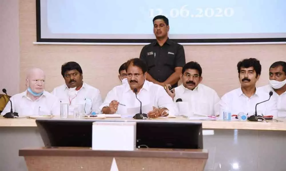 Minister for Fisheries, Animal Husbandry and District In-charge Minister Mopidevi Venkata Ramana Rao addressing media at the Collectorate in Kakinada on Friday