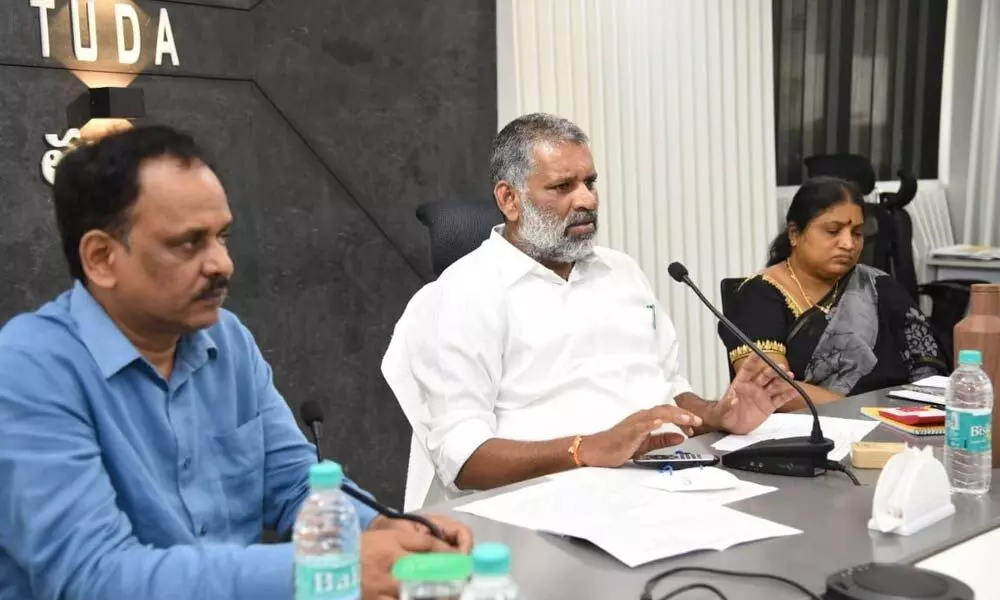 Government whip Chevireddy Bhaskar Reddy conducting review with officials in Tirupati on Saturday