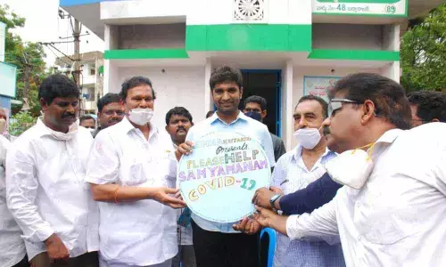 MP Margani Bharat Ram with party leaders R S P Rao, B R Kumar and others in 48th and 49th divisions in Rajamahendravaram on Tuesday