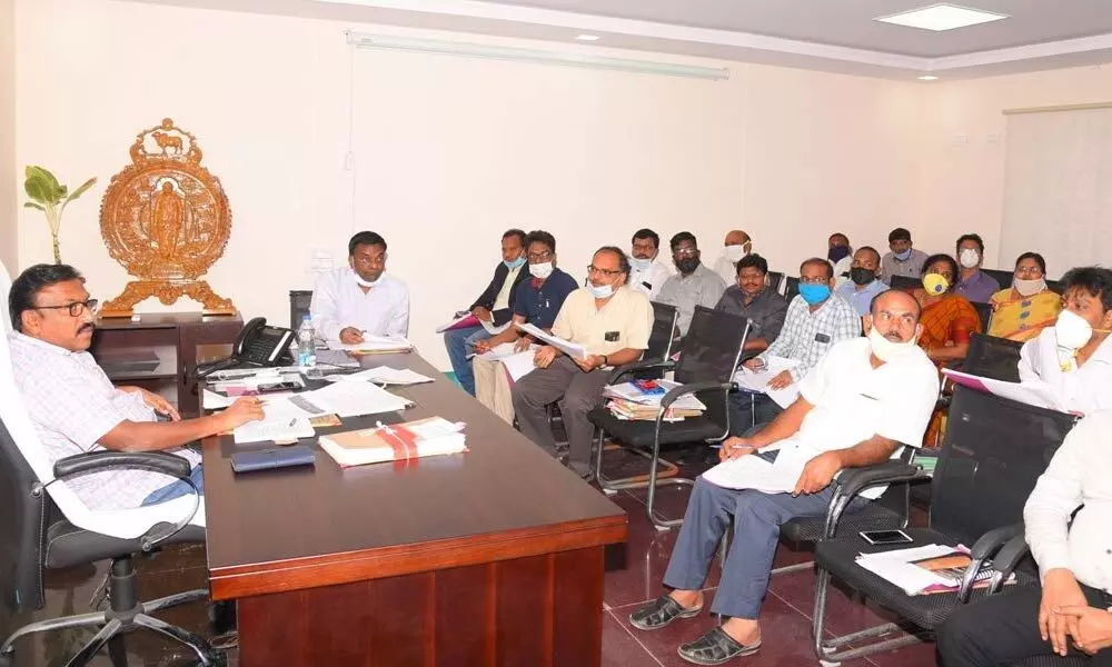 Collector Dr Pola Bhaskara speaking at the DIPC meeting in Ongole on Tuesday