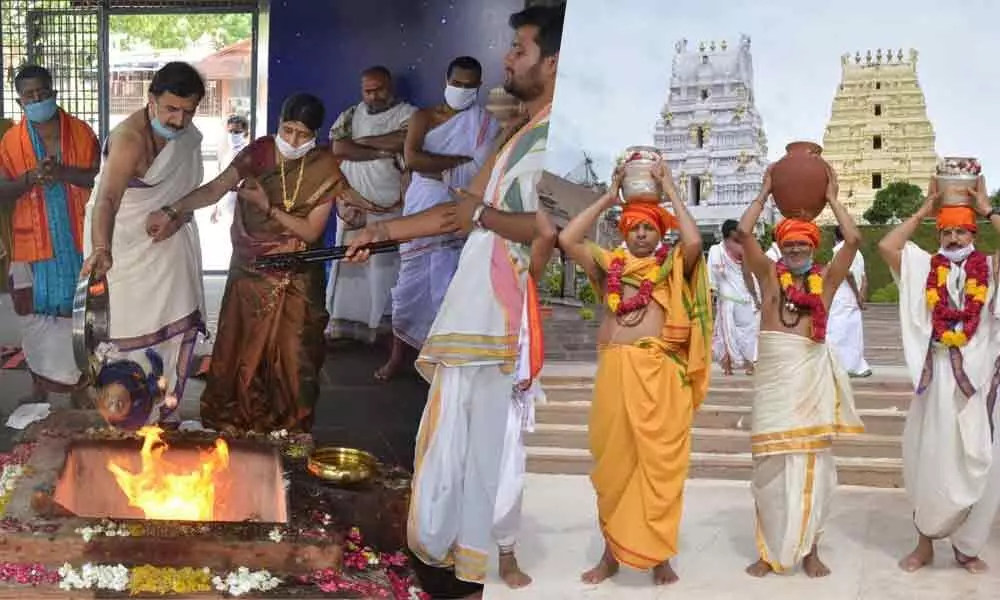 Arogya Bharat Yagnam being performed at Srisailam temple on Tuesday (right)  EO, KS Rama Rao and others carrying kalasams on their heads for performing Sahasrakalasabhishekam to the Lord