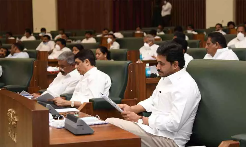 Chief Minister Y S Jagan Mohan Reddy looking at Budget proposals in Assembly on Tuesday