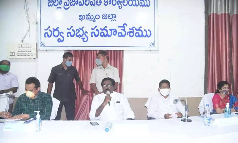 Minister for Transport Puvvada Ajay Kumar speaking at a ZPP meeting in Khammam on Wednesday