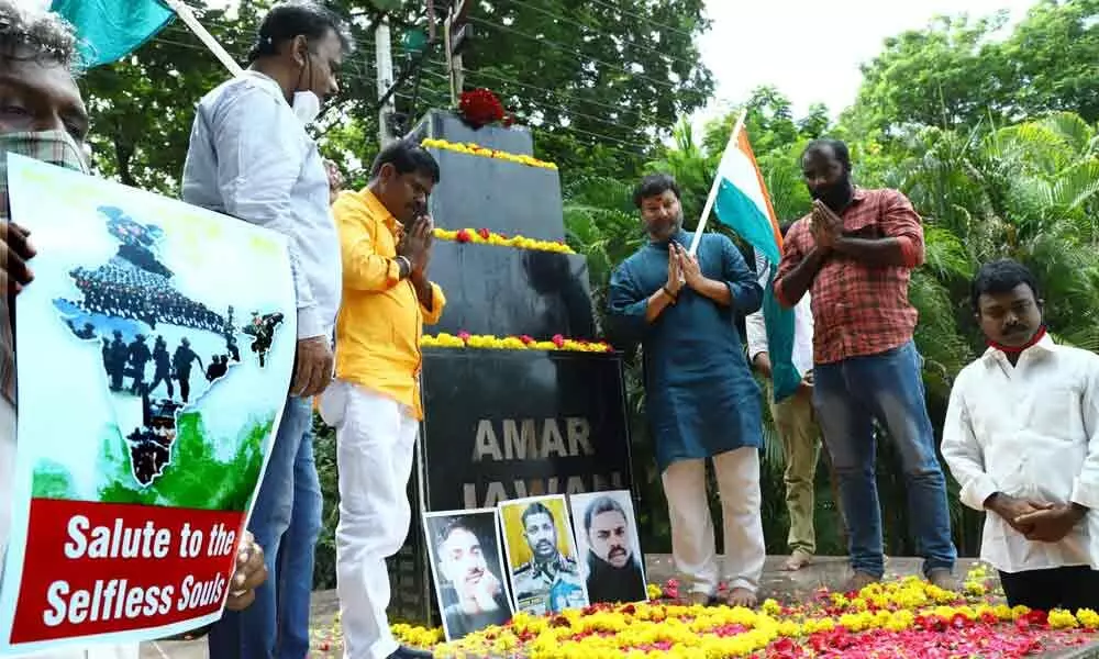 BJP state secretary G Bhanuprakash Reddy paying homage to Galwan Valley martyrs at Amar Jawan memorial in Tirupati on Wednesday