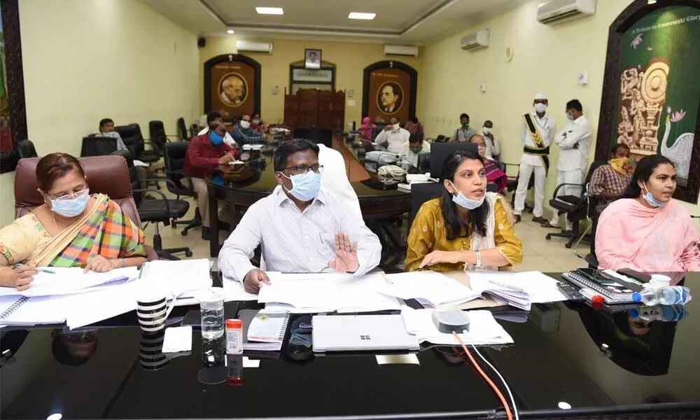 District Collector I Samuel Anand Kumar addressing a video-conference from Collectorate in Guntur on Wednesday