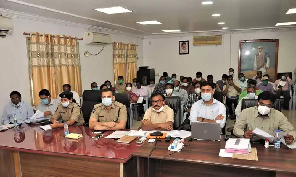 Collector Dr Pola Bhaskara holding a videoconference with ground-level officers on Covid-19 in Ongole on Thursday