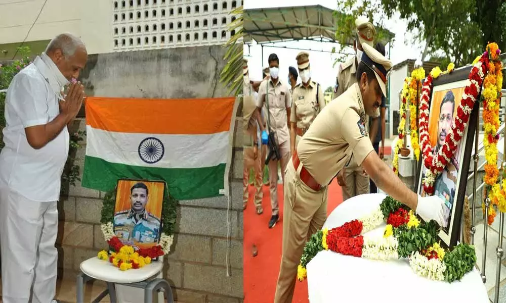 Congress leader and former Union Minister  Dr Chinta Mohan paying tributes to Col Santhosh Babu in Tirupati. (Right) Urban SP A Ramesh Reddy paying tributes to martyred Army Colonel Santhosh, at AR police ground in Tirupati on Thursday.