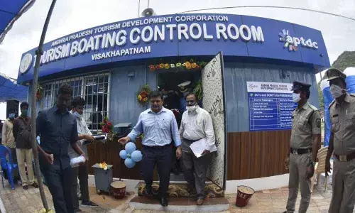District Collector V Vinay Chand Reddy coming out of tourism boating control room at Rushikonda after its inauguration through a video-conference facility, in Visakhapatnam on Friday