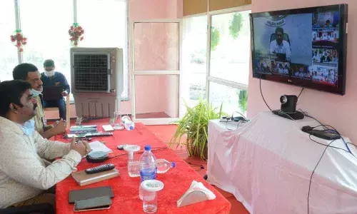 District Collector G Veera Pandiyan, SP Fakkeerappa Kaginelli, Srisailam temple Executive Officer KS Rama Rao inaugurating the command control room at Pathala Ganga near Srisailam on Friday