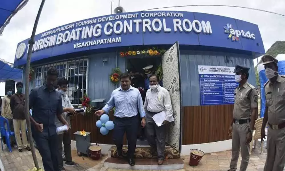 District Collector V Vinay Chand Reddy coming out of tourism boating control room at Rushikonda after its inauguration through a video-conference facility, in Visakhapatnam on Friday