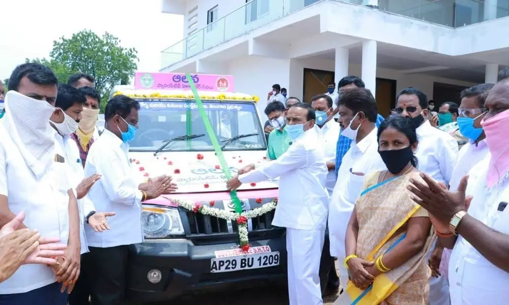 Health Minister Eatala Rajendar inaugurating Palliative Care vehicle in Huzurabad on Friday