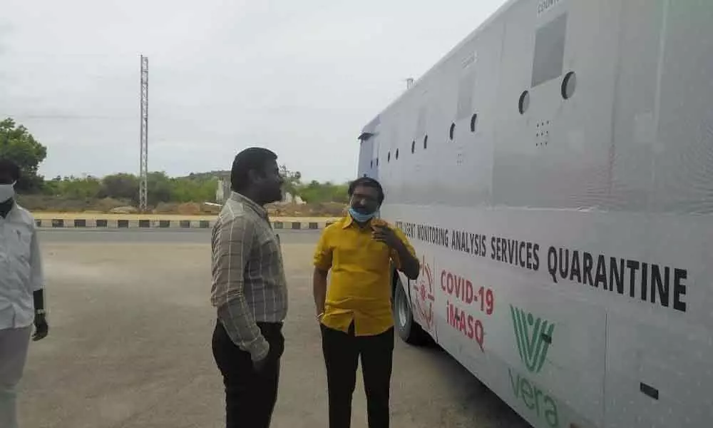 DM&HO Dr M Penchalaiah and DWAMA P D Chandra Sekhar looking at the facilities in iMASQ vehicle in Tirupati on Saturday