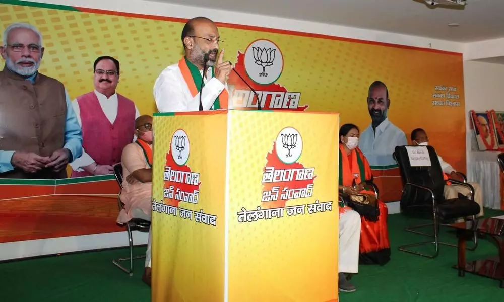 TS BJP president State BJP president Bandi Sanjay Kumar speaking at Telangana Jana Samvad in Hyderabad on Saturday