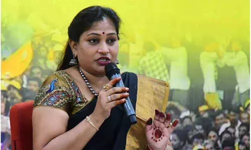 Former TDP MLA V. Anitha speaking at a media conference in Visakhapatnam