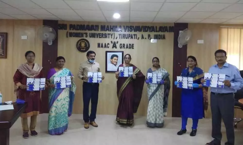 SPMVV V-C Prof D Jamuna and other officials of the university releasing the brochure of BA-MA five-year integrated course in Tirupati on Sunday