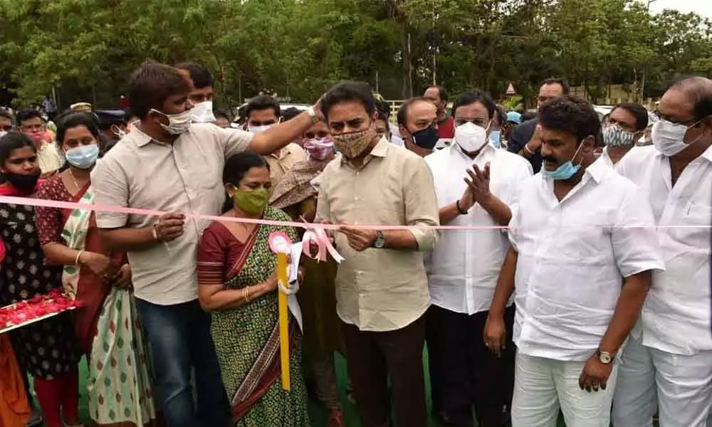 MAUD Minister K T Rama Rao inaugurating four link roads to facilitate smooth flow in Hyderabad on Monday