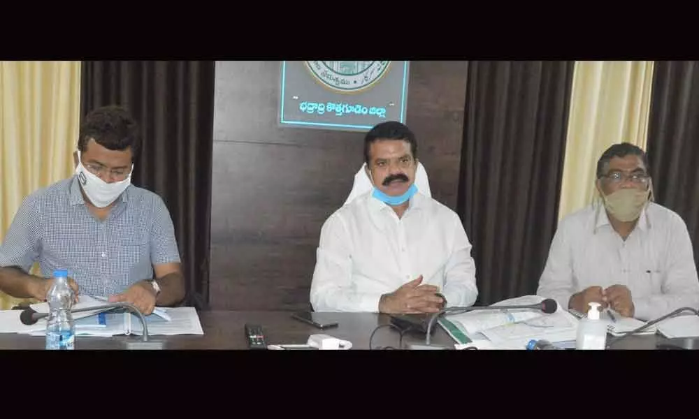 District Collector Dr MV Reddy addressing mandal officers at video conference from Kothagudem on Tuesday