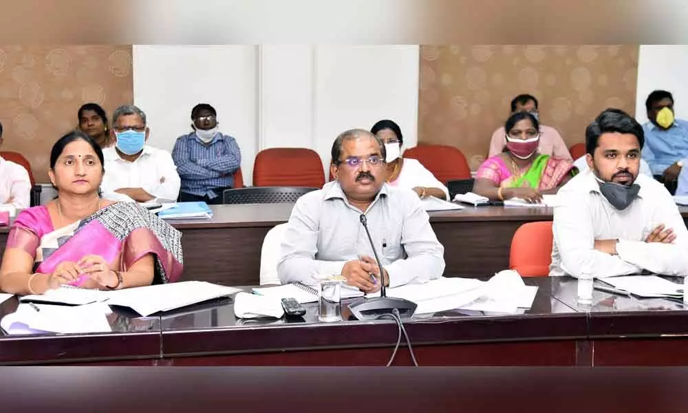 Krishna District Collector Md Imtiaz in Vijayawada on Tuesday taking part in a video-conference conducted by  Chief Minister Y S Jagan Mohan Reddy