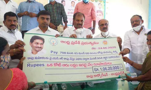 Government Chief Whip G Srikanth Reddy and  Rajampet MP Midhun Reddy distributing cheque under Kapu Nestham scheme