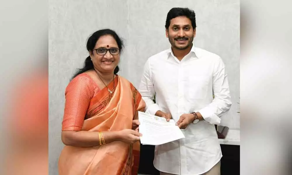 vAP Mahila Commission Chairperson Vasireddy Padma submitting a representation to Chief Minister Y S Jagan Mohan Reddy at his camp office at Tadepalli  on Wednesday