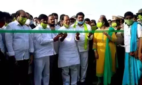 Ministers G Jagadish Reddy and A Indrakaran Reddy inaugurating Thangedu Vanam at Lakkaram village on Thursday
