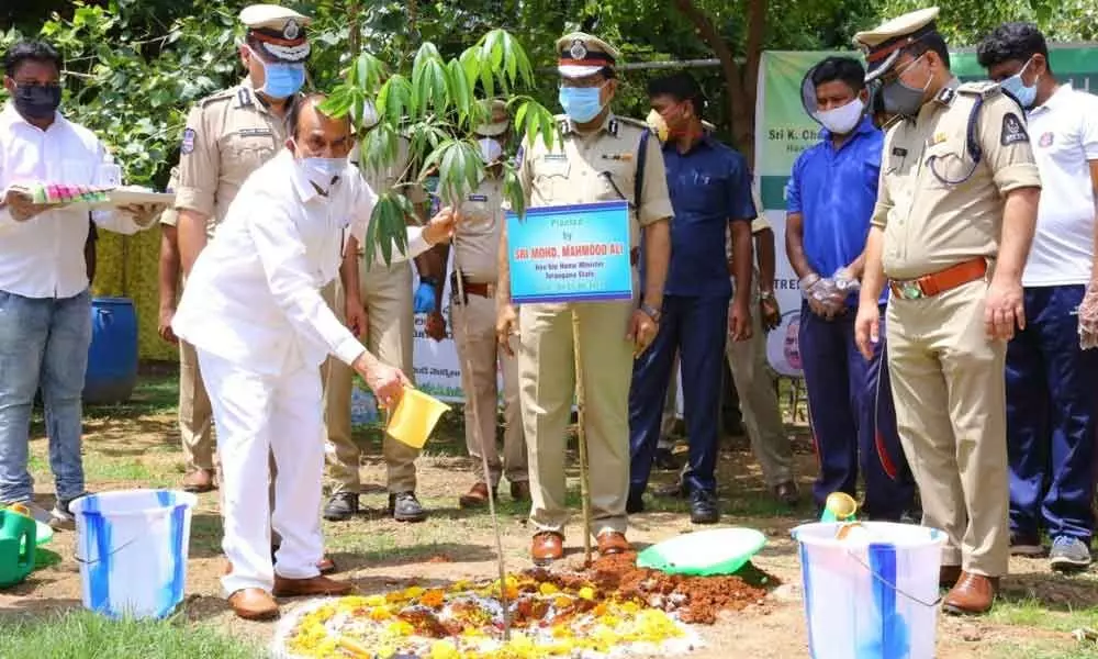 Home Minister Md Mahmood Ali participating in  Haritha Haram progamme at Goshamahal Police Stadium  in Hyderabad on Thursday