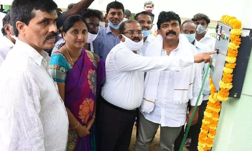 Krishna District Collector A Md Imtiaz along with Minister Perni Nani and Joint Collector Dr K Madhavi Latha inaugurating a water treatment plant